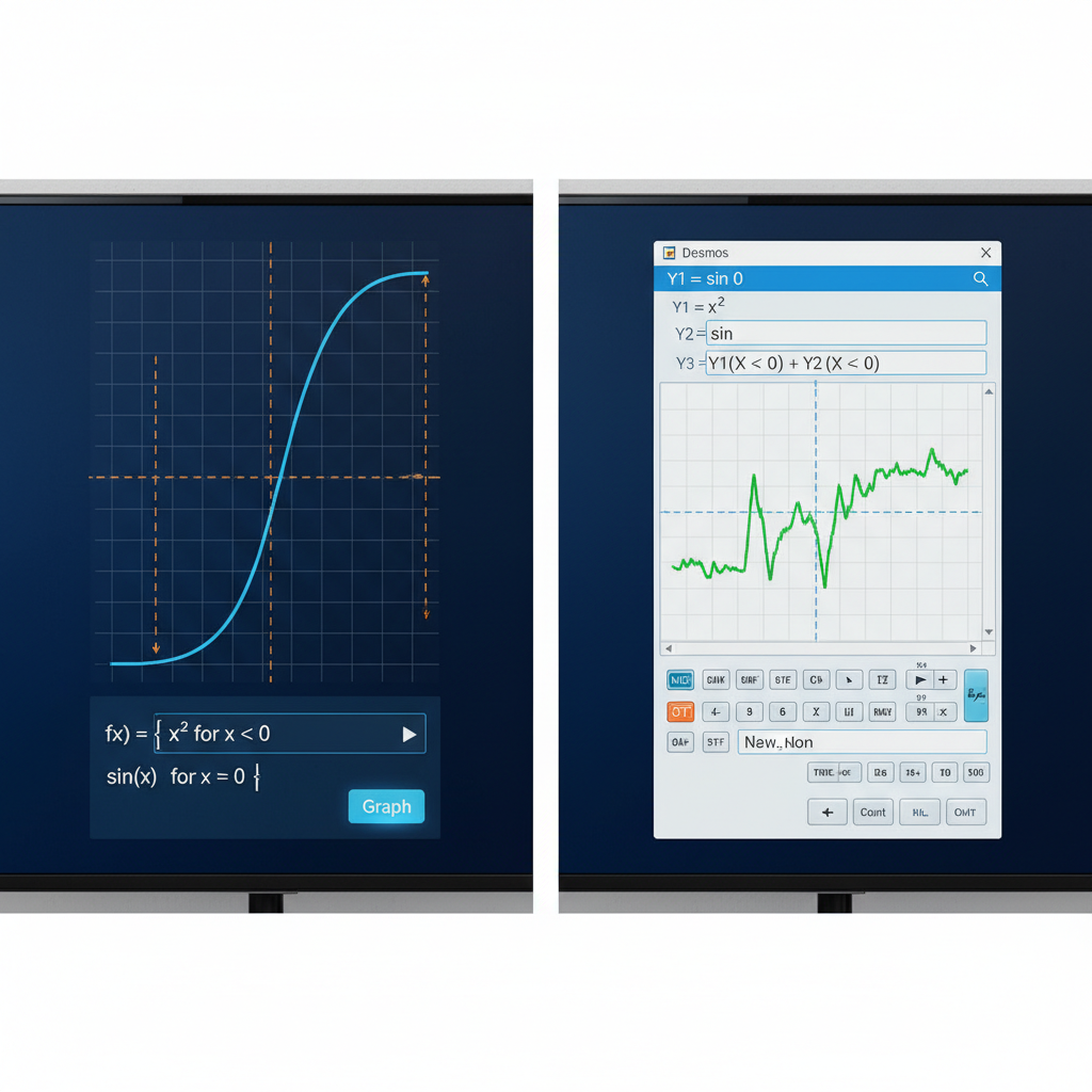 Two distinct graphing calculator interfaces are shown side-by-side, comparing Desmos with another calculator.