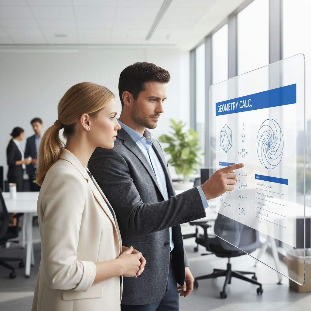 Two professionals collaborating in an office, viewing an online geometry calculator on a large screen.