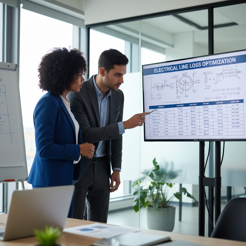 Two professionals discussing electrical line loss calculations displayed on a large monitor in an office.