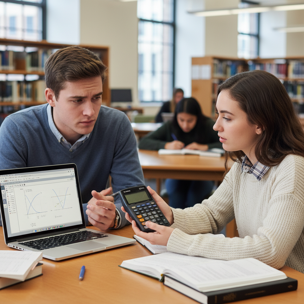 Two students comparing the Desmos calculator on a laptop with a TI-84 graphing calculator in a modern study lounge.