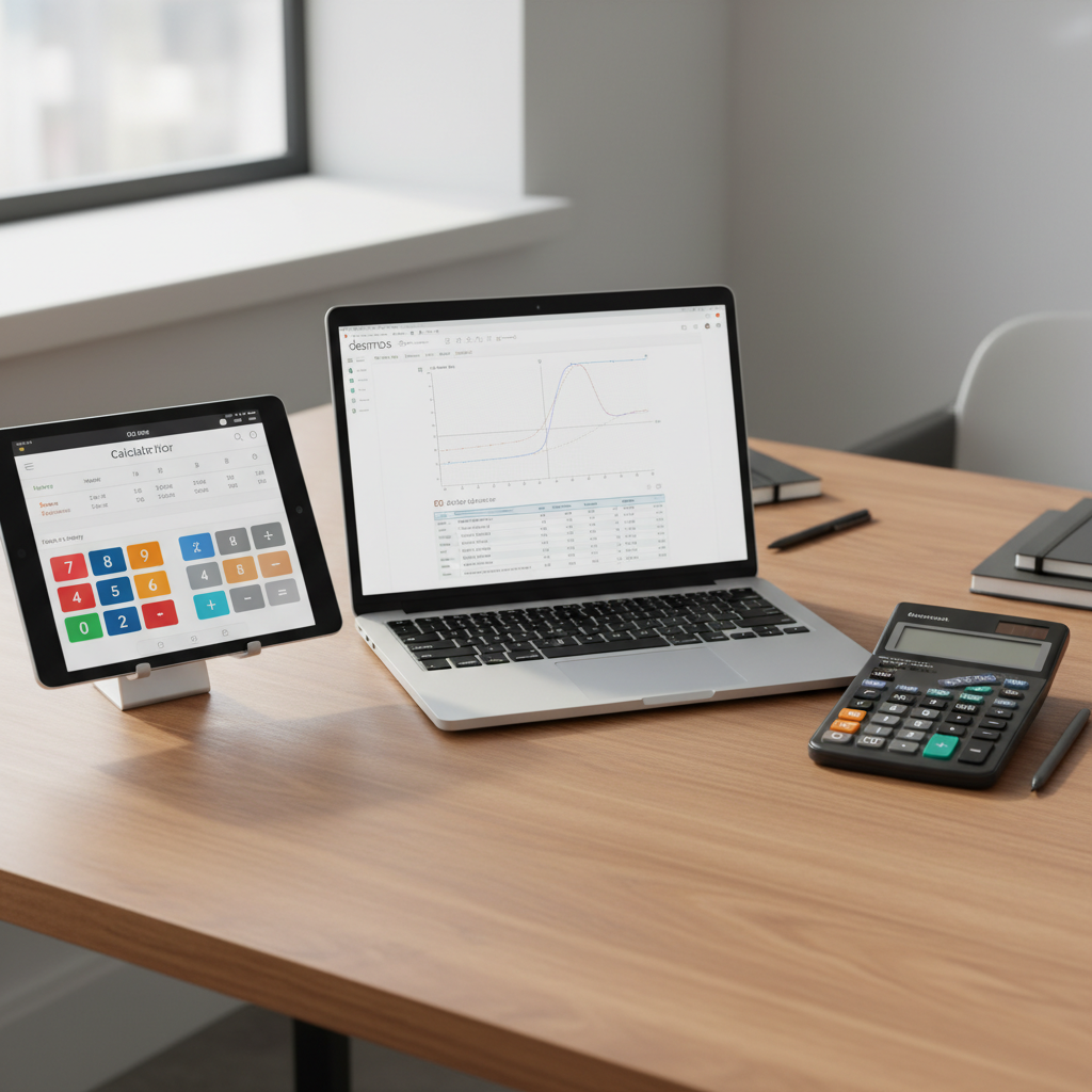Various calculator options, including digital and physical models, arranged on a desk.