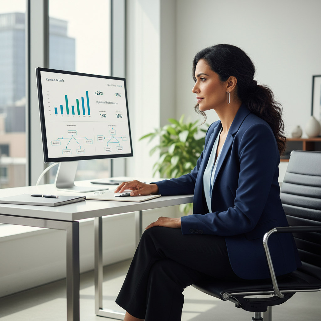 A business professional analyzing a data optimization dashboard on a computer screen, representing strategic decision-making and efficient calculation.