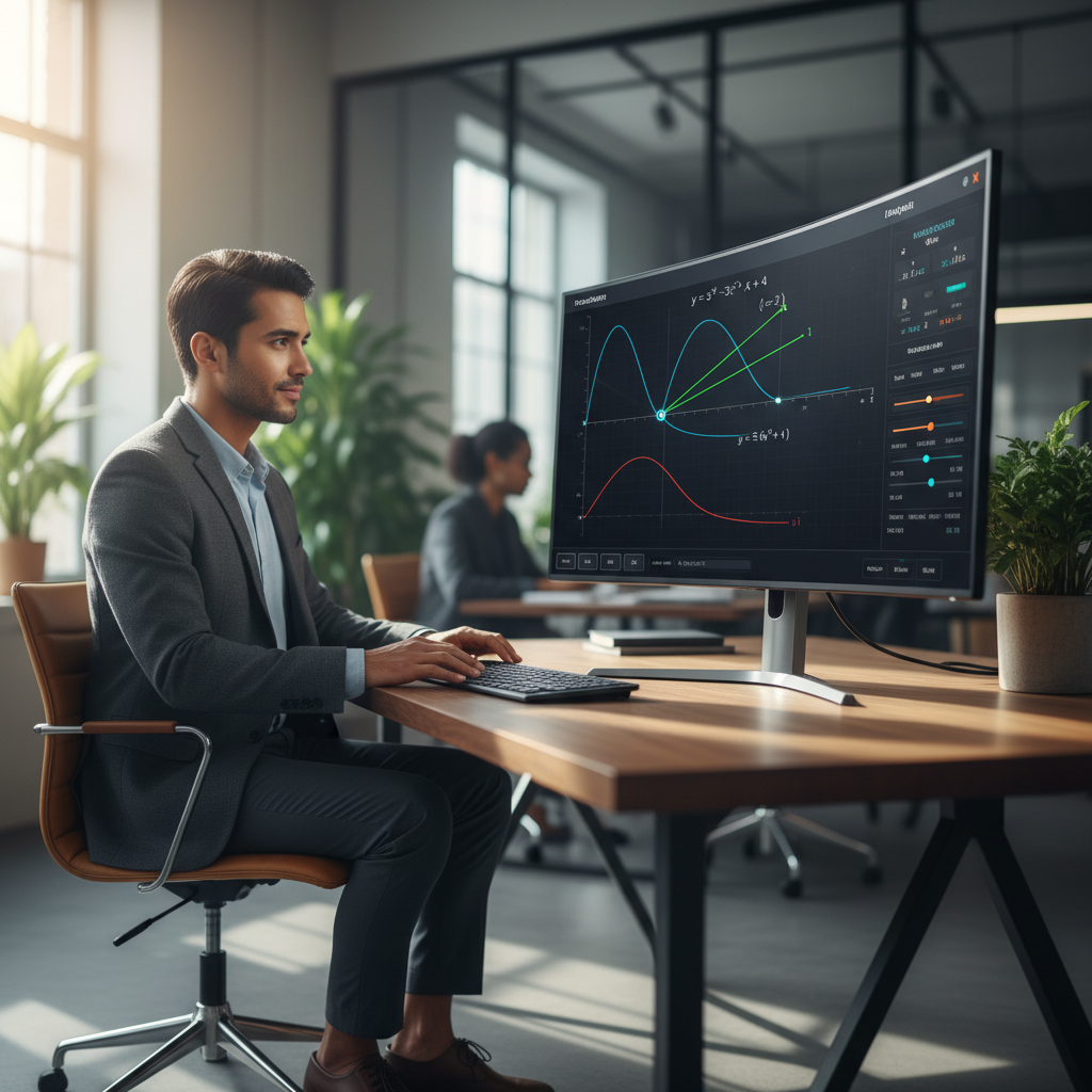 A focused professional looking at a laptop screen displaying a mathematical function, its derivative, and a tangent line on a graphing calculator interface.