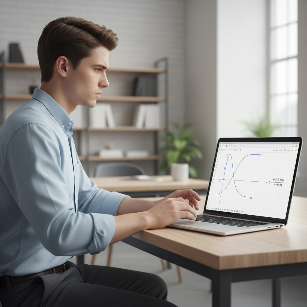 A focused student or analyst using a Desmos-like derivative calculator on a laptop.