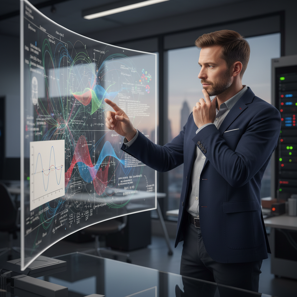 A professional analyzing complex mathematical graphs on a large computer screen.