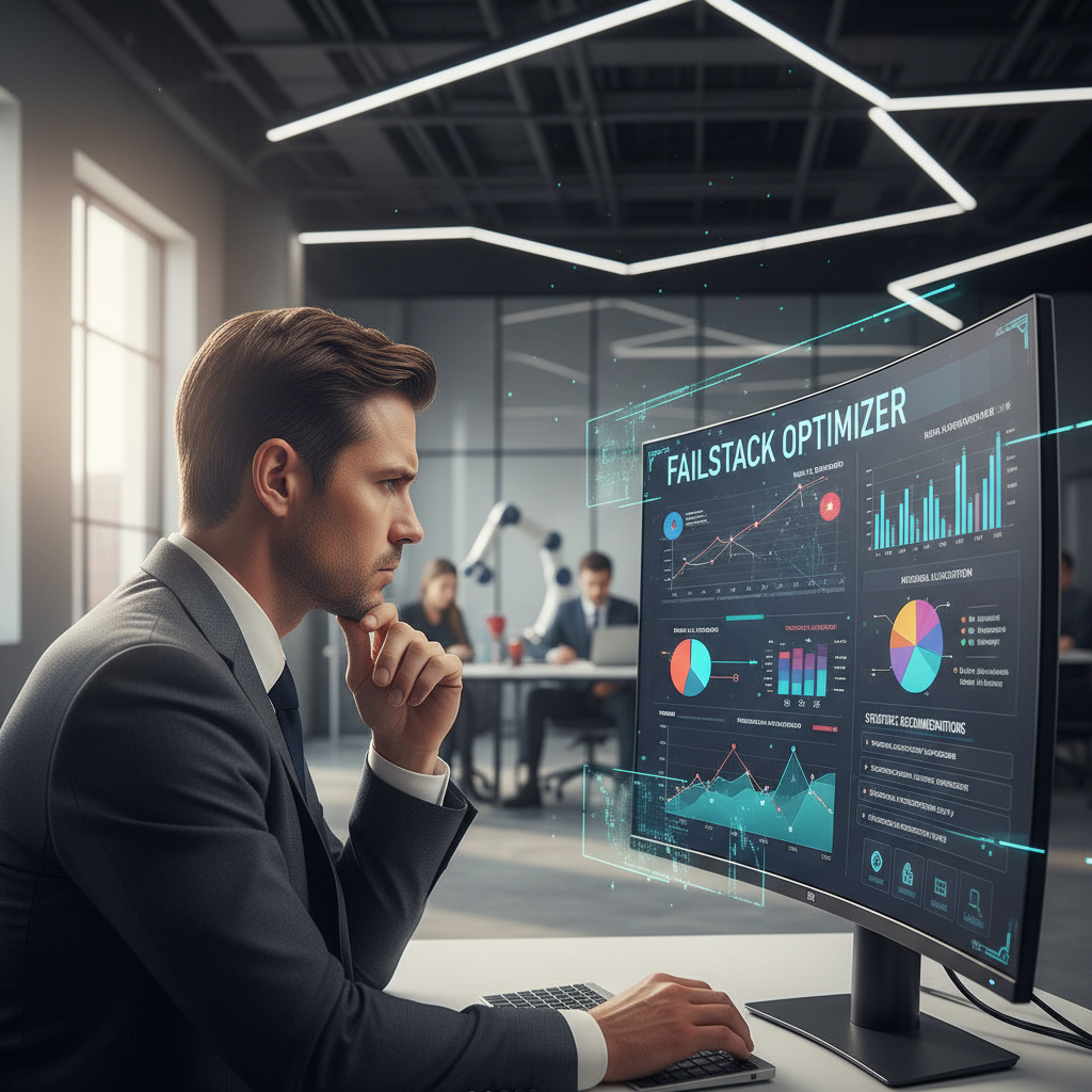 A professional person analyzing complex data on a monitor, displayed by a 'Failstack Optimizer' interface.