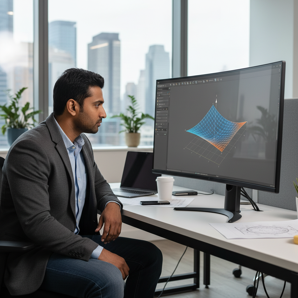 A professional person engaging with a computer screen displaying complex 3D mathematical graphs and functions, likely from GeoGebra Graphing 3D, in a modern office setting.
