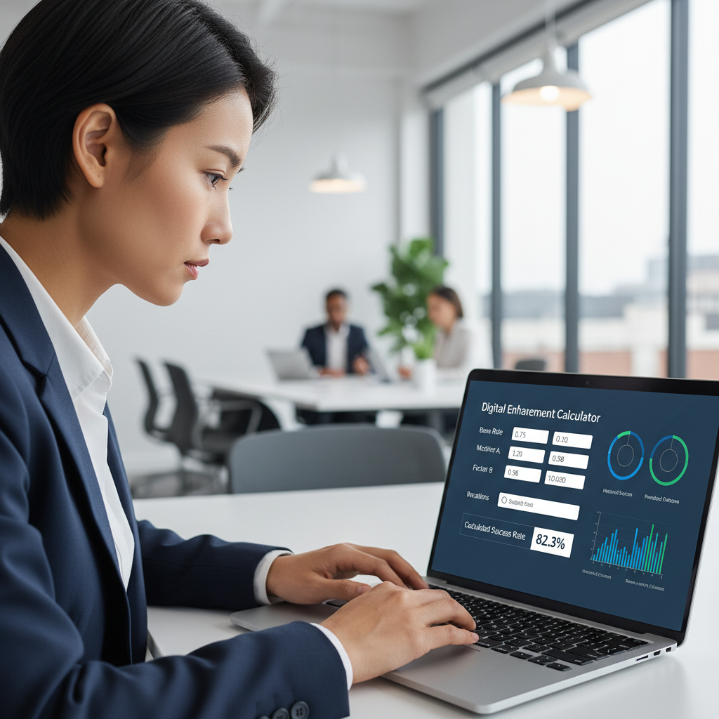 A professional person focused on a laptop screen displaying a digital enhancement calculator.