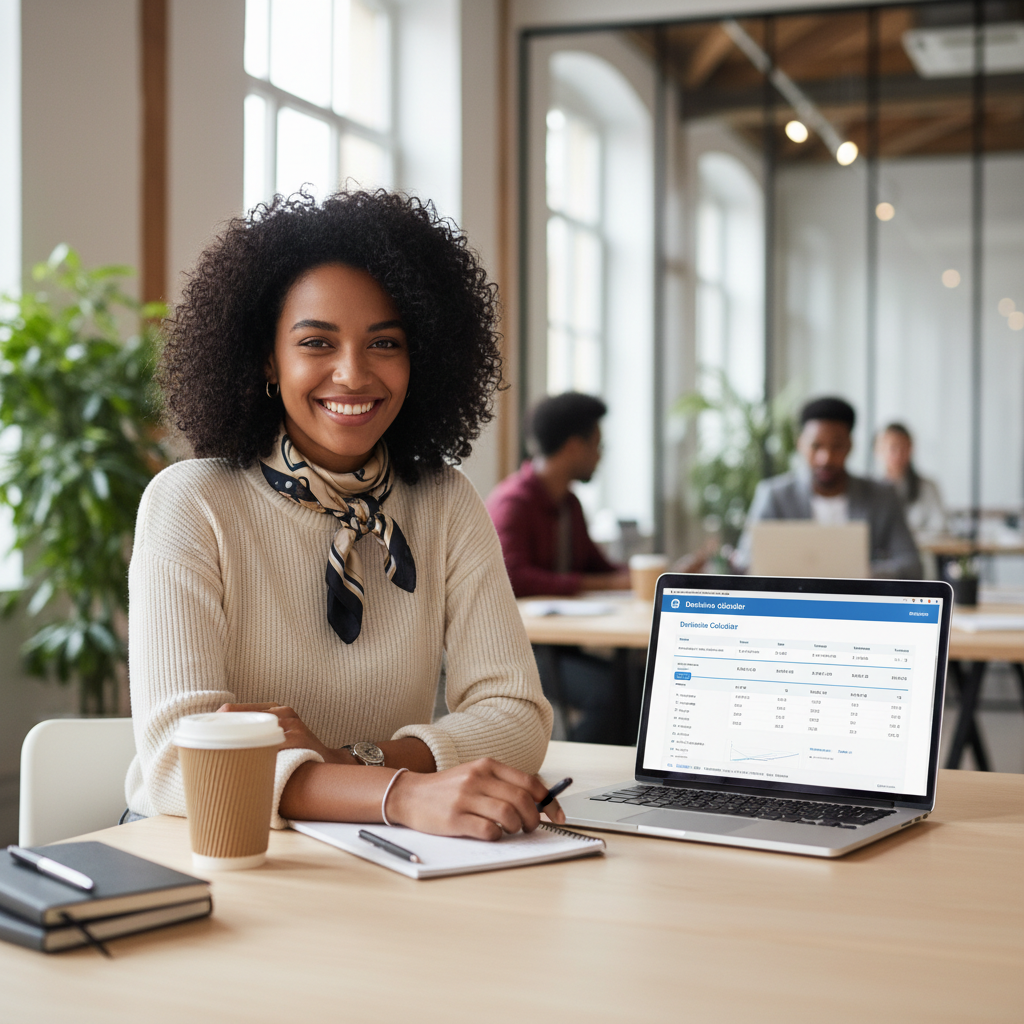 A smiling professional looking confident at their desk, with a digital tool open on a tablet.