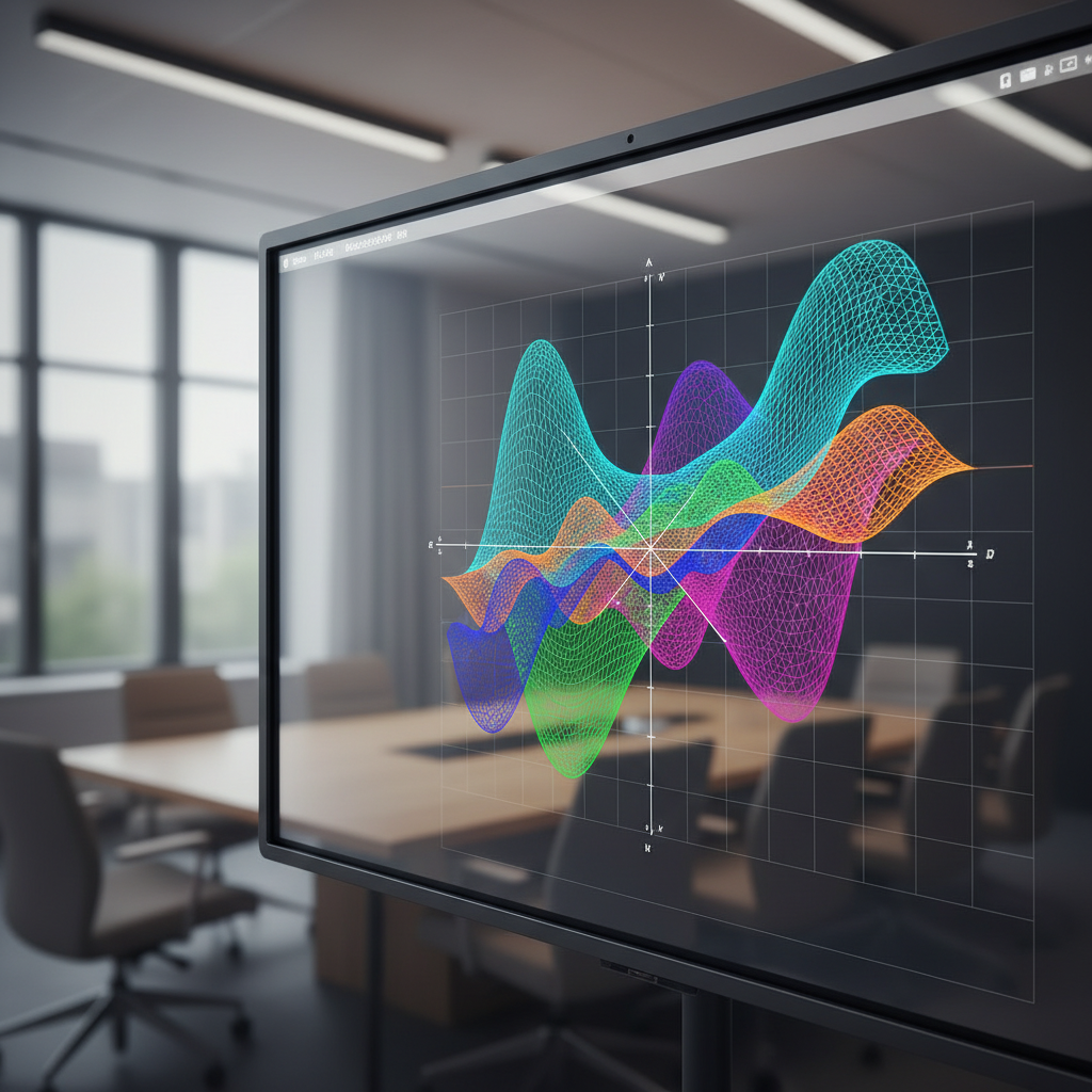 A vibrant, complex 3D mathematical graph displayed on a large screen in a modern professional setting.