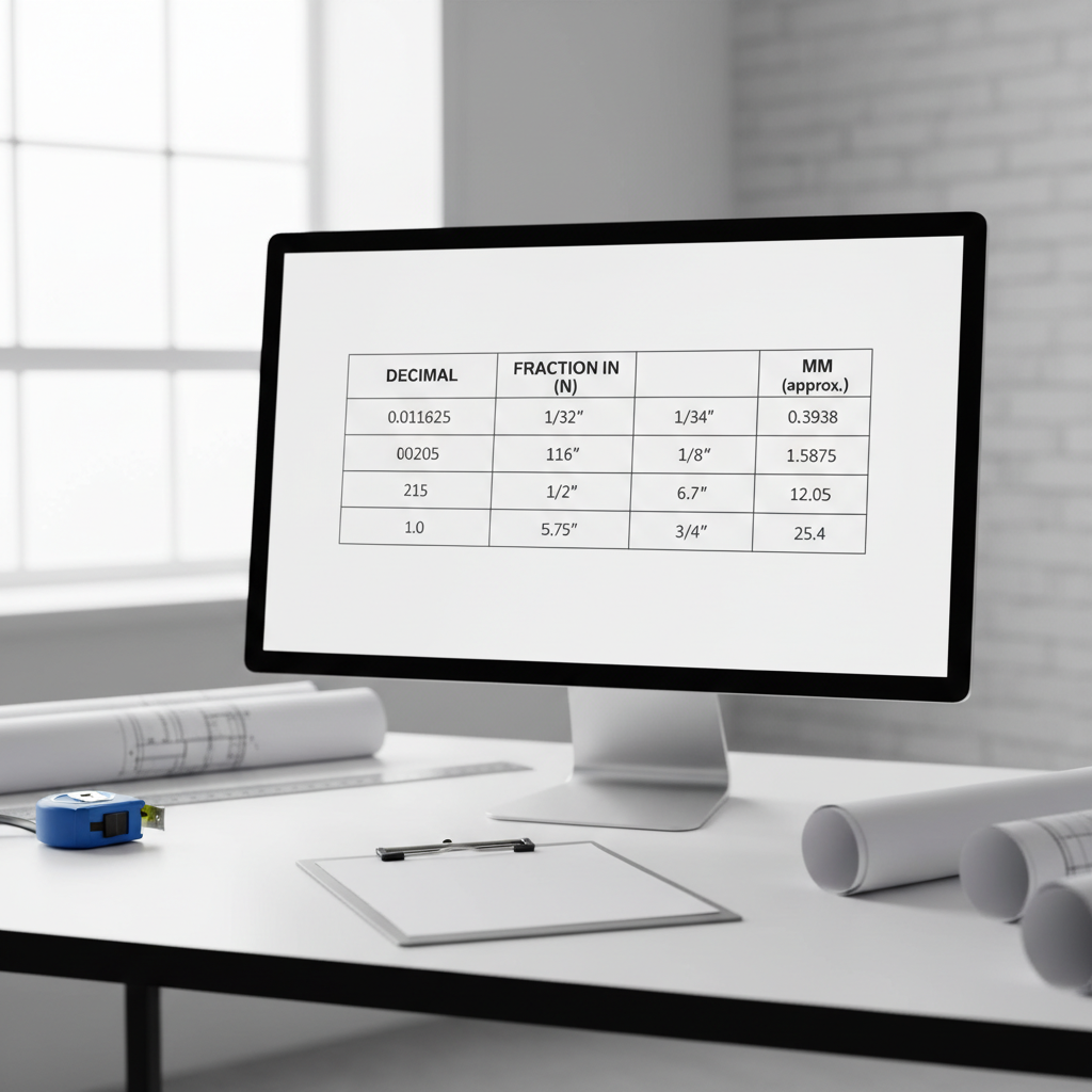A clear, well-designed chart displaying decimal to inch fraction conversions.
