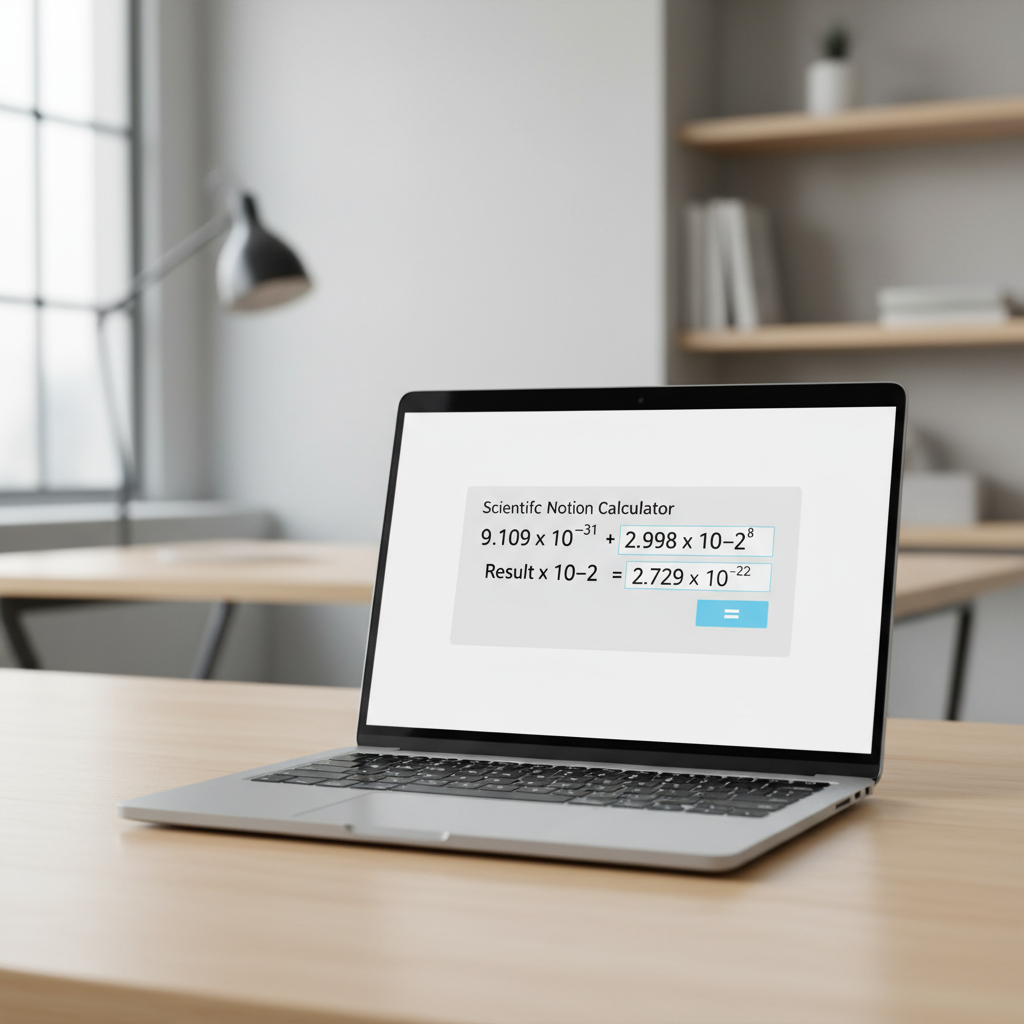 A close-up of a laptop screen displaying an online scientific notation calculator with an example calculation.