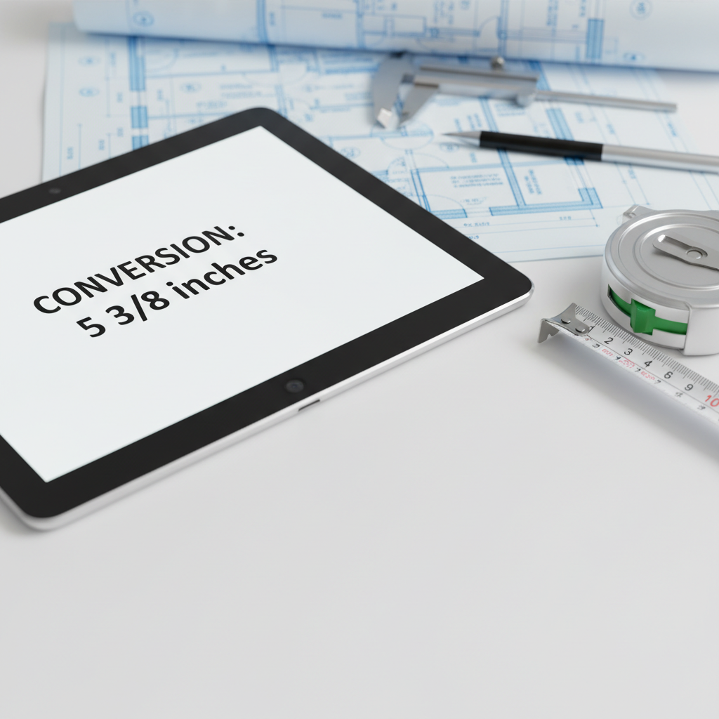 A close-up of a tablet screen displaying a fraction conversion, with a measuring tape and blueprint in the background, symbolizing precise measurement and digital calculation.