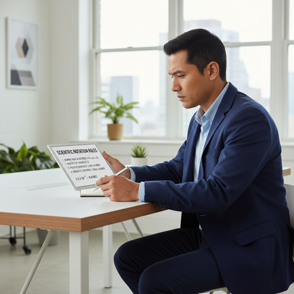 A professional person focused on a screen displaying rules for scientific notation.