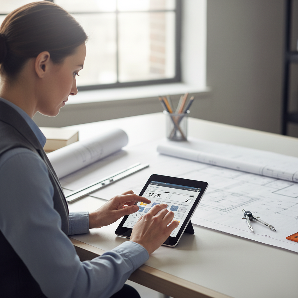 A professional person uses a digital inches to fraction conversion calculator on a tablet.