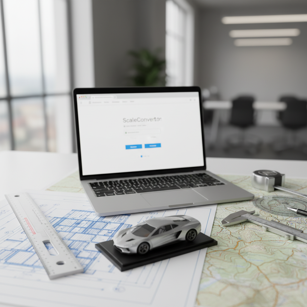 A professional workspace with an architectural ruler, blueprint, scale model, topographical map, and a laptop showing an online scale converter.