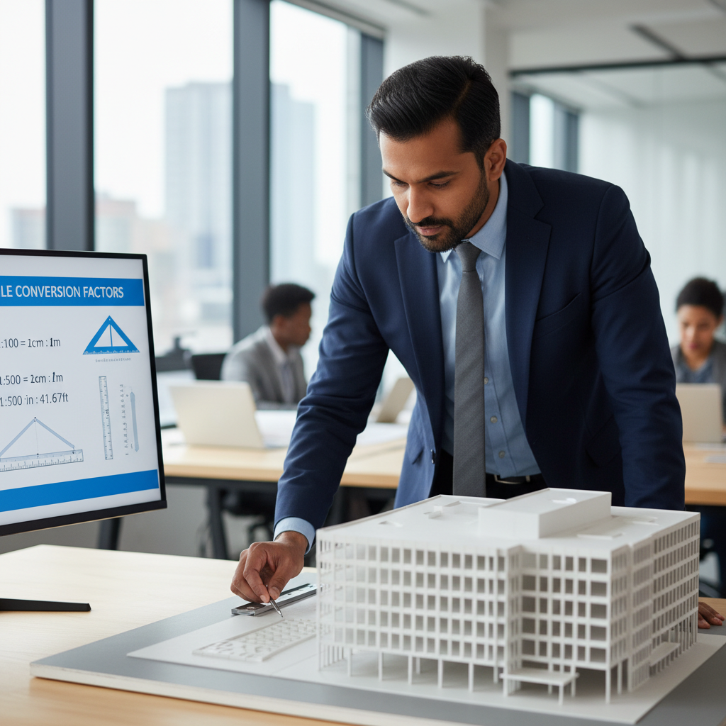 Architect examining a detailed architectural scale model, with a digital display showing scale ratios.