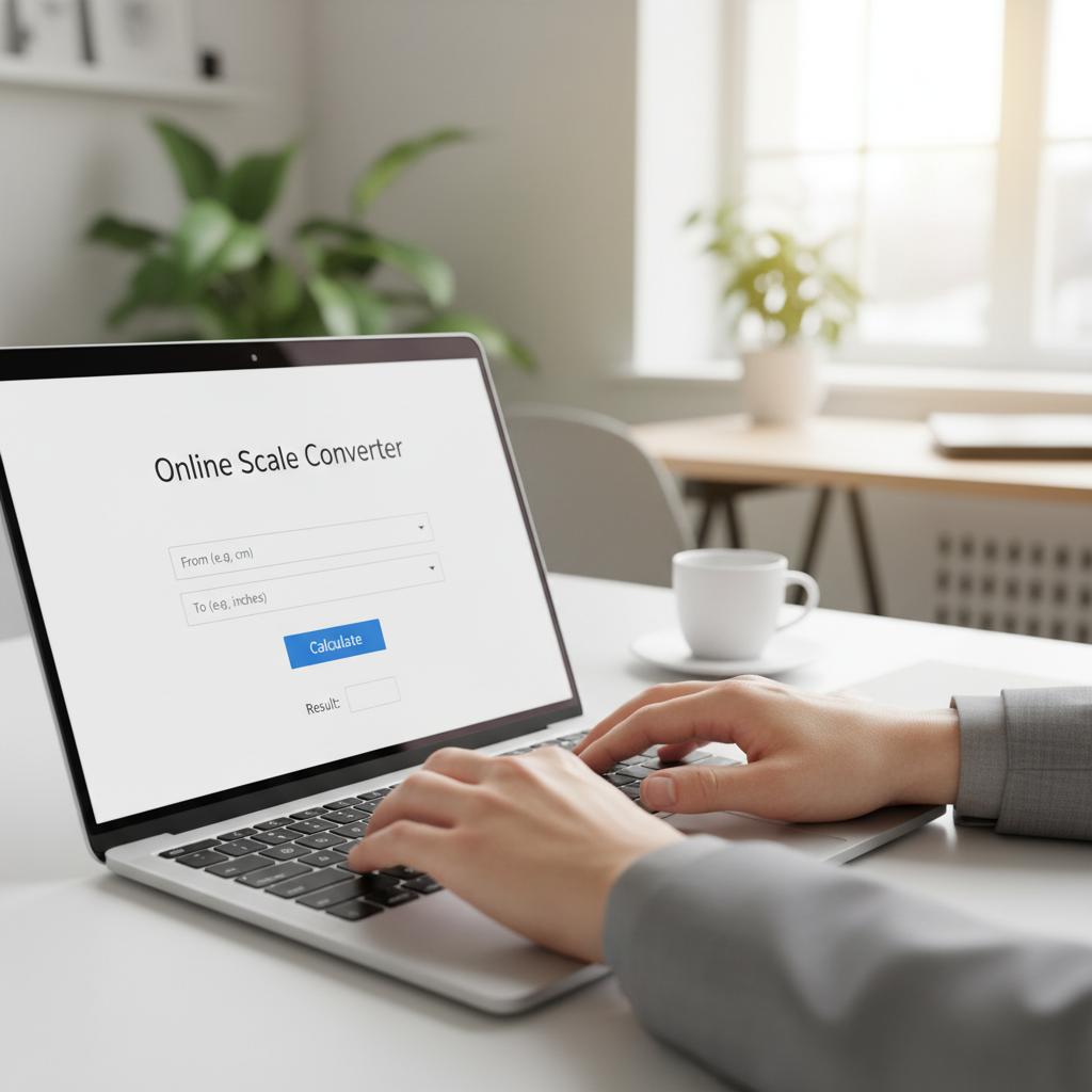 Close-up of hands using an online scale converter on a laptop, showing the interface.