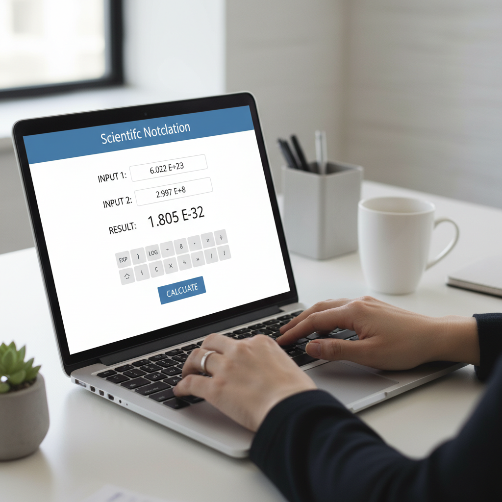 Close-up of hands using an online scientific notation calculator on a laptop.