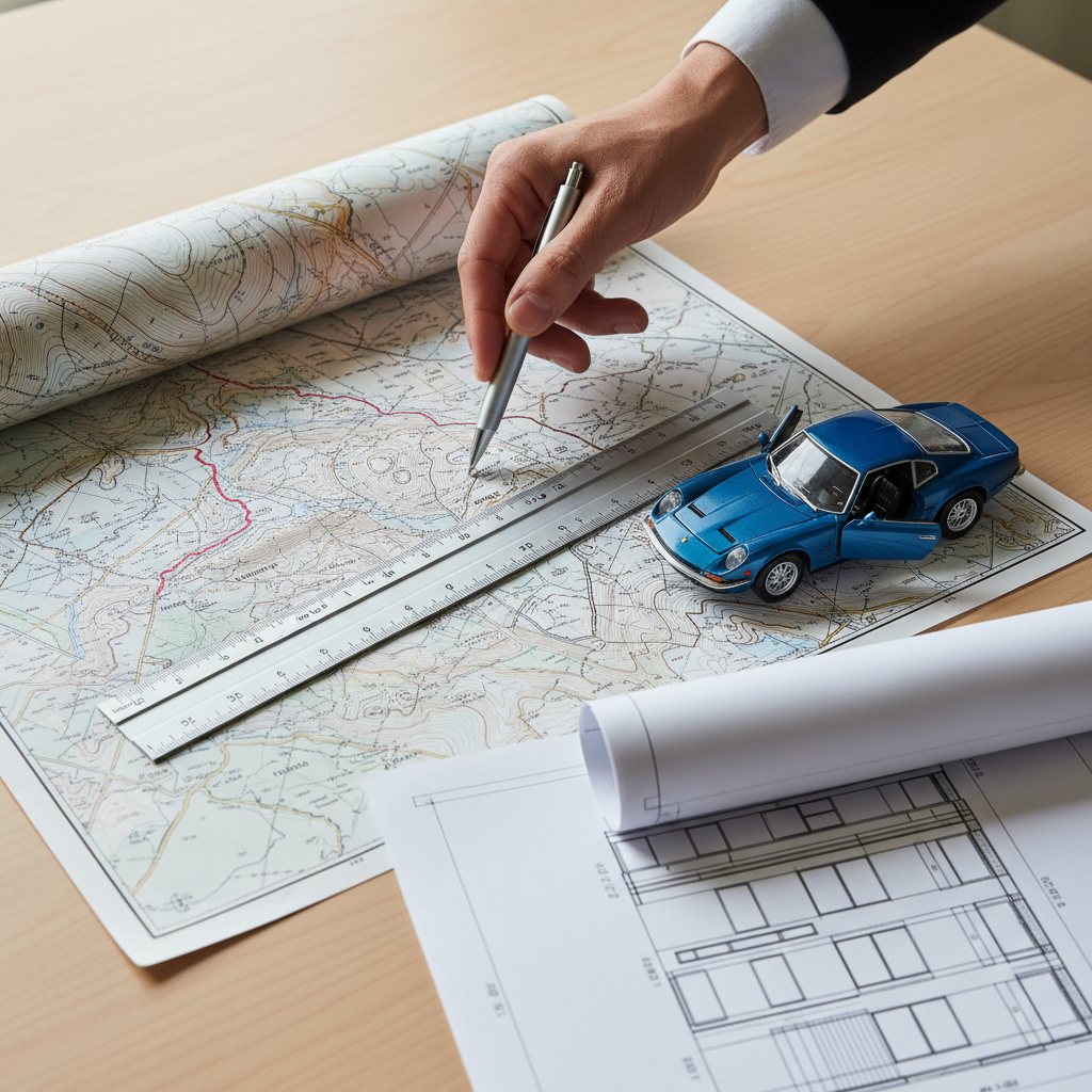 Flat lay of a topographical map, model car, and blueprint representing various scale conversions.