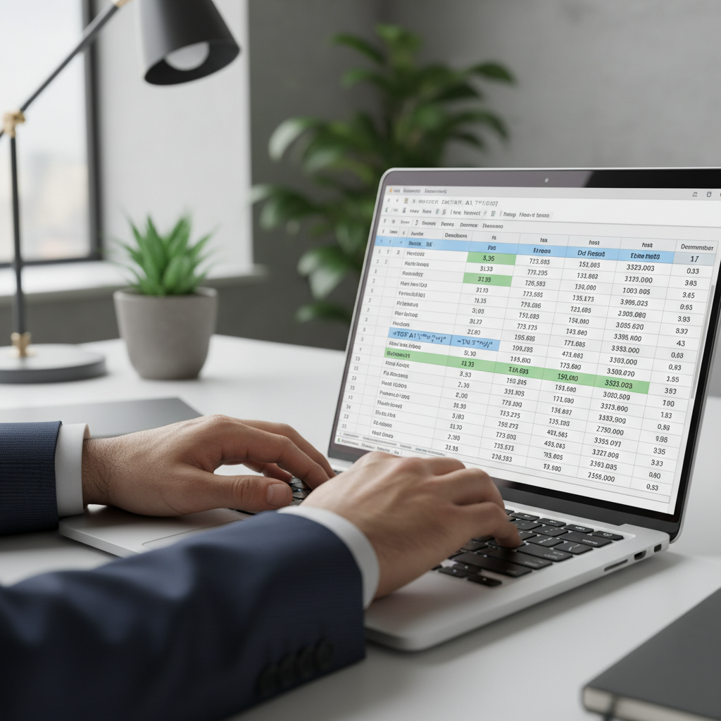 Hands typing on a laptop, showing an Excel spreadsheet with an inches to fraction calculator being built.