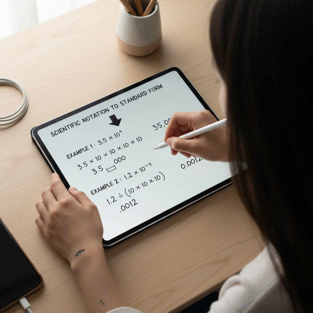 Hands writing conversion steps from scientific notation to standard form on a tablet.